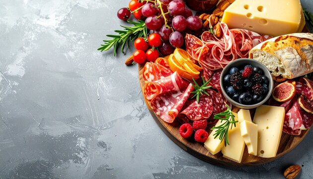 Gourmet charcuterie platter with a delicious assortment of cured meats, artisan cheeses, fresh fruits, and bread, set against a rustic grey background