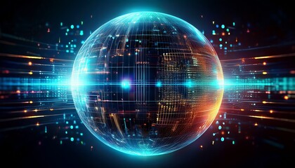 Obraz premium futuristic digital sphere with glowing data streams on dark background