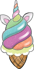 Vector ice cream with a rainbow cone and glitter in a childish style.k