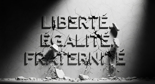 Liberté, Égalité, Fraternité, the motto of France, cracks and crumbles. A powerful concept of a nation in crisis and democratic values under threat.