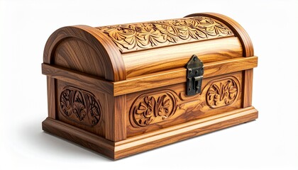 A realistic bread box made of wood with roll-top cover and engraved pattern isolated on white background
