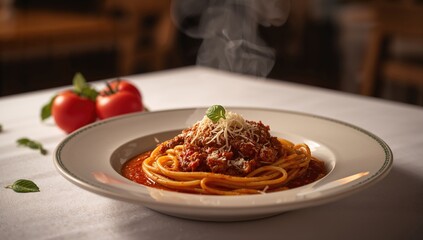 Classic pasta dish featuring spaghetti with minced meat and tangy tomato sauce
