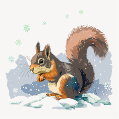 Ein Eichhörnchen-Jungtier sitzt auf einem schneebedeckten Ast