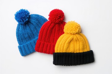 Two colorful knitted hats with pompoms on a white backdrop, showcasing fashion and winter vibes