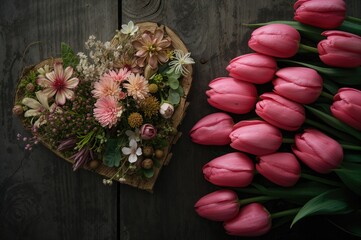 Handcrafted wooden heart adorned with greenery beside a cluster of tulips.