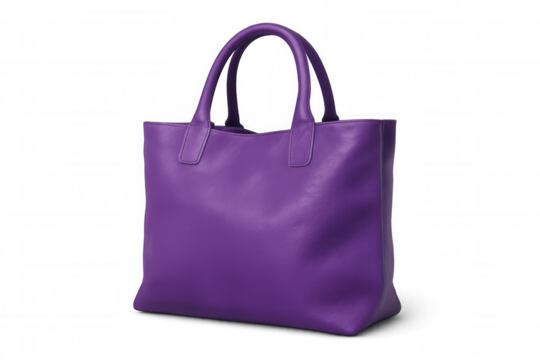 Purple leather tote bag with handles, representing fashion, shopping, and style, with transparent background