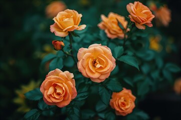 Naklejka premium A cluster of vibrant orange-yellow roses set against a natural garden backdrop, showcasing summer blossoms and spring foliage, symbolizing love and a perfect gift.