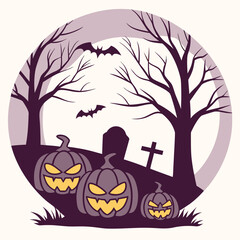 Bats fly above grinning pumpkins beside tombstones and bare trees within oval shape