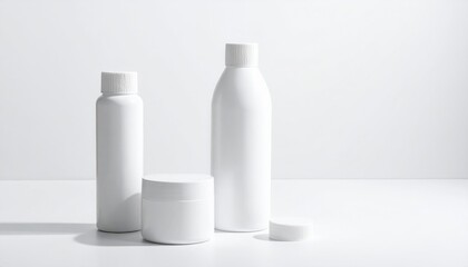 Monochromatic White Cosmetic Bottles and Jar with Textured Surface and White Background Studio Lighting