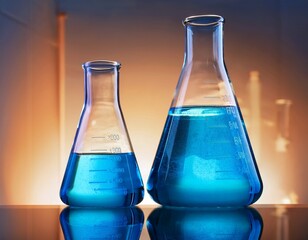 two glass beakers with bright blue liquid in a laboratory
