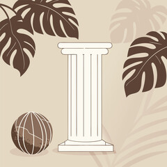 Classical pillar with tropical monstera leaves creates an atmosphere of art and nature