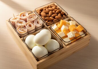 A wooden tray filled with a variety of snacks including rolled deli meat, hardboiled eggs, almonds, and cheese cubes, perfect for a party platter