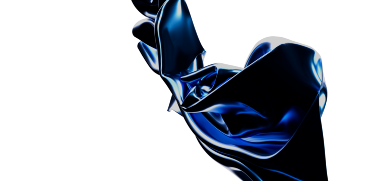 Modern abstract art showing a dynamic form of shiny blue fabric waving gracefully against a white background. This digital artwork conveys elega