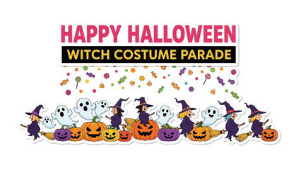 Happy Halloween Witch Costume Parade: a festive and cheerful Halloween scene featuring a vibrant parade of witch costumes, cheerful pumpkins, and playful ghosts.