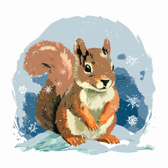 Ein Eichhörnchen-Jungtier sitzt auf einem schneebedeckten Ast
