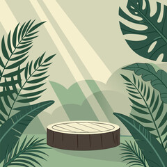 Spotlight shines upon a natural wooden podium amidst lush tropical foliage plants