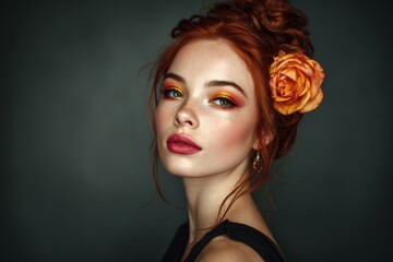 Lovely girl with vibrant makeup and a floral hairstyle