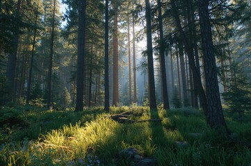 Obraz premium Sunlit Evergreen Woodland Created with Generative AI