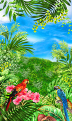 Colorful tropical jungle landscape with parrots, green palm leaves, and blue sky