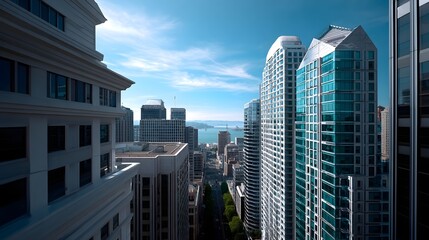 A panoramic view of a vibrant, densely populated urban center with a striking skyline of sleek, high-rise buildings reflecting the sun's rays.