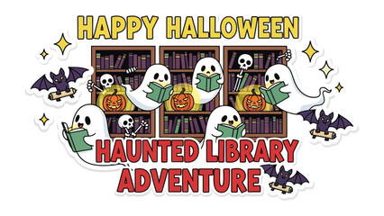 Spooky Halloween Adventure: A whimsical Halloween scene, where charming ghosts and skeletons are enjoying reading in a haunted library, celebrating spooky holiday