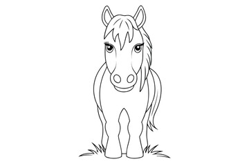 A cartoon horse with large eyes stands a patch grass animal mammal