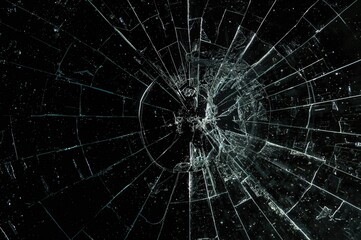 Fototapeta premium High-speed capture of a full-frame window glass pane bursting and breaking against a dark backdrop.