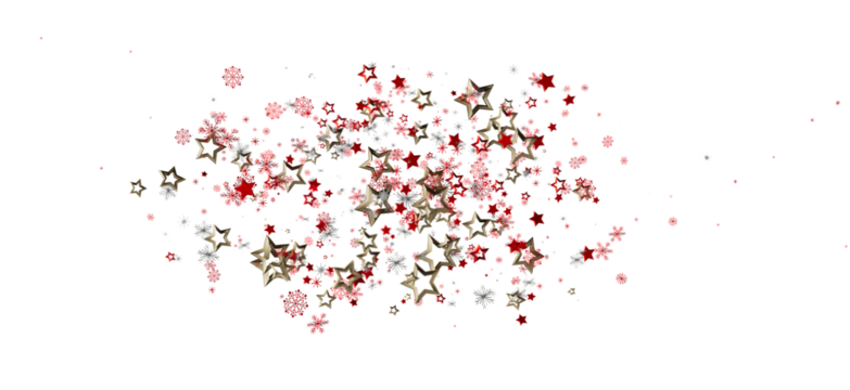 Festive Christmas stars and snowflakes floating, creating a holiday spirit. Perfect for decorations, greeting cards and design templates.