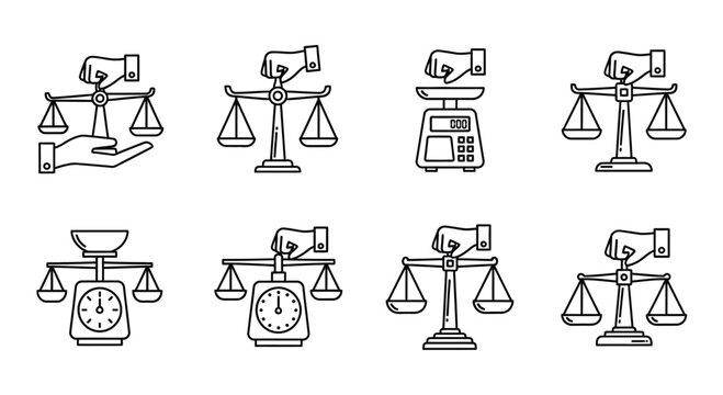 Drawn scales of justice and weighing instruments collection for legal and business concepts vector