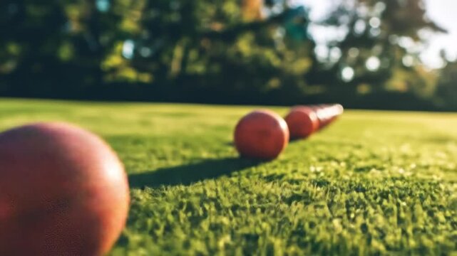 Red spheres aligned on green grass with sunlit background
