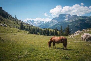 Obraz premium Peaceful alpine scene featuring a horse grazing in a verdant field surrounded by snowy summits and natural calm.