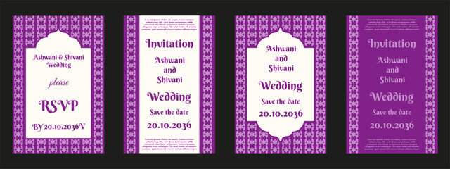 Wedding Invitation card collection. Vector illustration of indian floral Mughal frame Wedding Invitation poster with typography. Wedding flyer in indian style. EPS 10