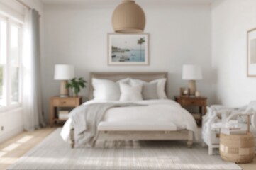 Soft-hued coastal bedroom with blurred backdrop, natural materials, and warm, comfortable decor for a tranquil vibe