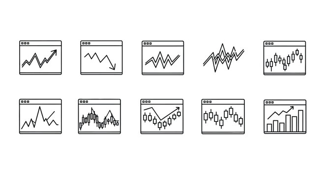 Collection of stock market charts and financial graphs showing growth and decline trends vector