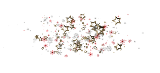 Elegant festive design of stars, snowflakes, and red accents scattered against a white background for holiday themes and celebration.