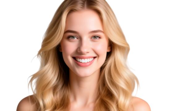 A beautiful model girl with wavy hair and white teeth for an advertisement for toothpastes and shampoos