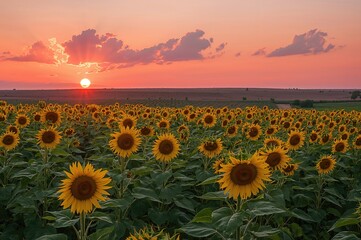 Fototapeta premium Golden sunflower meadow glowing under the evening sky