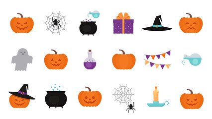 Halloween icons. Haloween objects. Collection scary pumpkin faces. Set of holiday symbols in flat design isolated on white background. Vector illustration. Cartoon colorful graphic.