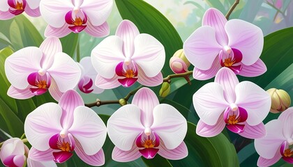 Beautiful Pink and White Orchid Flowers in Full Bloom.