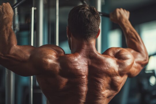 Muscular bodybuilder using gym equipment