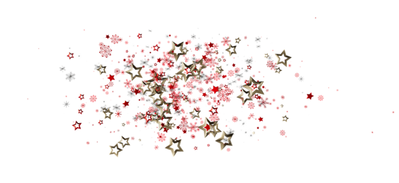 Festive Christmas background featuring red and gold star shapes and snowflakes floating on a white background. Perfect for holiday designs.