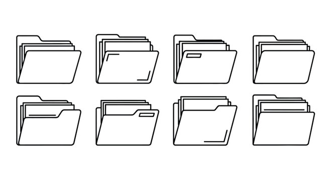 Set of eight hand drawn folder icons representing document organization and data storage concepts vector