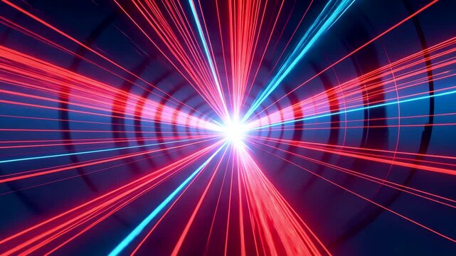 Red and blue luminous lines extending toward a bright white center within a dark circular tunnel