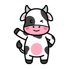 Playful Cartoon Cow with Black and White Patches Pink Cheeks and Winking Eye Standing on a Transparent Background Hand Drawn Illustration Style