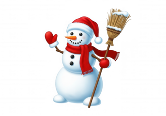 Cheerful snowman with broom and winter attire isolated on a transparent background