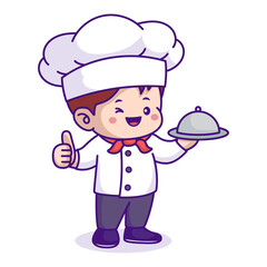 Smiling Cartoon Chef in White Uniform with Thumbs Up and Silver Platter on Transparent Background