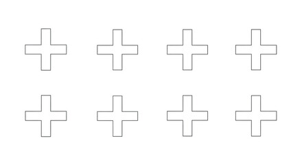 Collection of eight stylized white plus signs with subtle shading and outlines vector