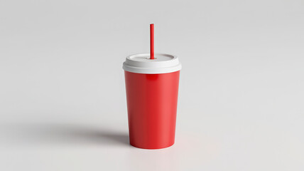 A Refreshing Red Soda Cup with Straw on a Clean White Surface A Simple Still Life of a Classic Beverage