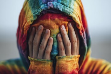 Person in vibrant attire hiding his face