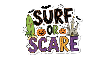Naklejka premium Surf or Scare: Festive Halloween themed design, blending the thrill of surfing with spooky elements like pumpkins and haunted castle.